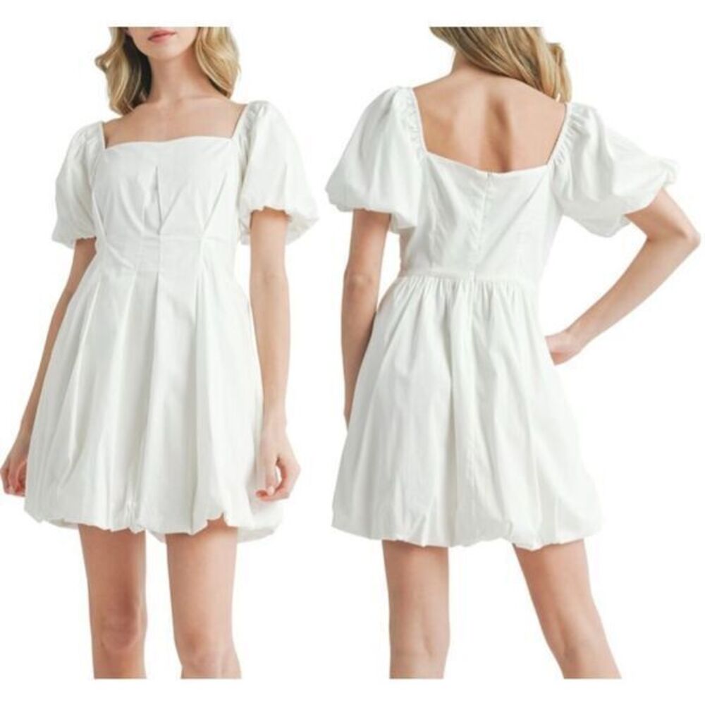 ALL IN FAVOR Cotton Blend Poplin Bubble Hem Mini Dress White Puff Sleeve Medium